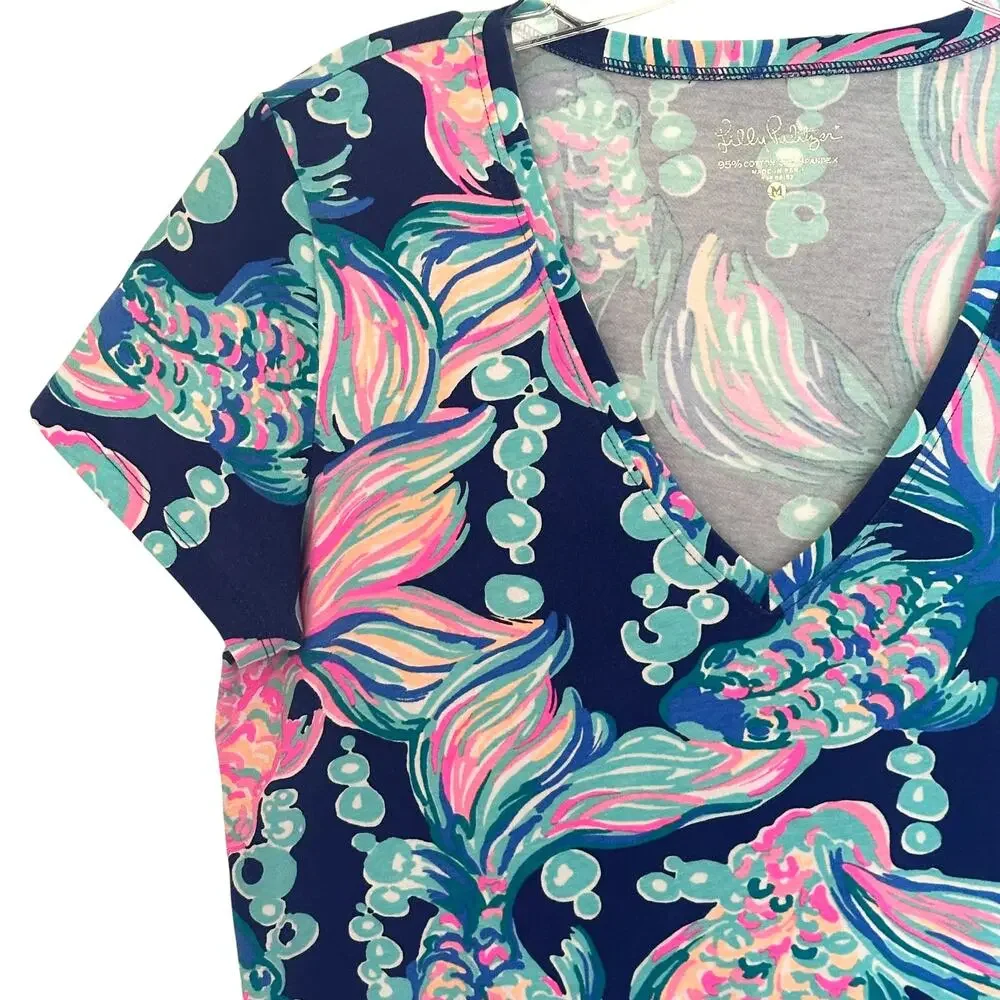 Lilly Pulitzer Michele Tee Womens Medium Blue Going Coastal Print Jersey Top